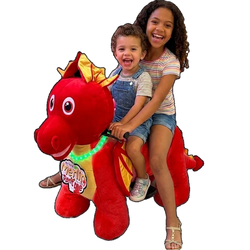 Happy older girl and younger boy riding Stuffy Riders Merlin character